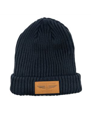 Compass Wings Leather Patch Navy Rib Knit Beanie