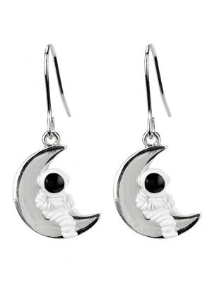 Enamel Astronaut Crescent Moon Earrrings