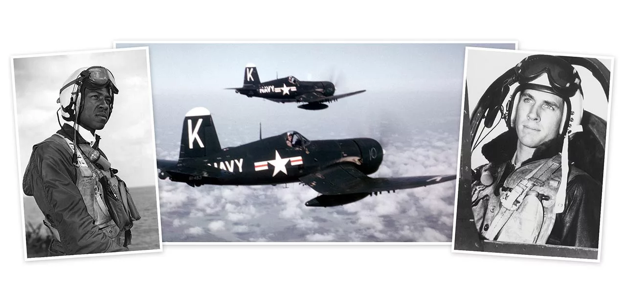 Photo of Lieutenant Tom Hudner and Ensign Jesse Brown and F4U Corsairs